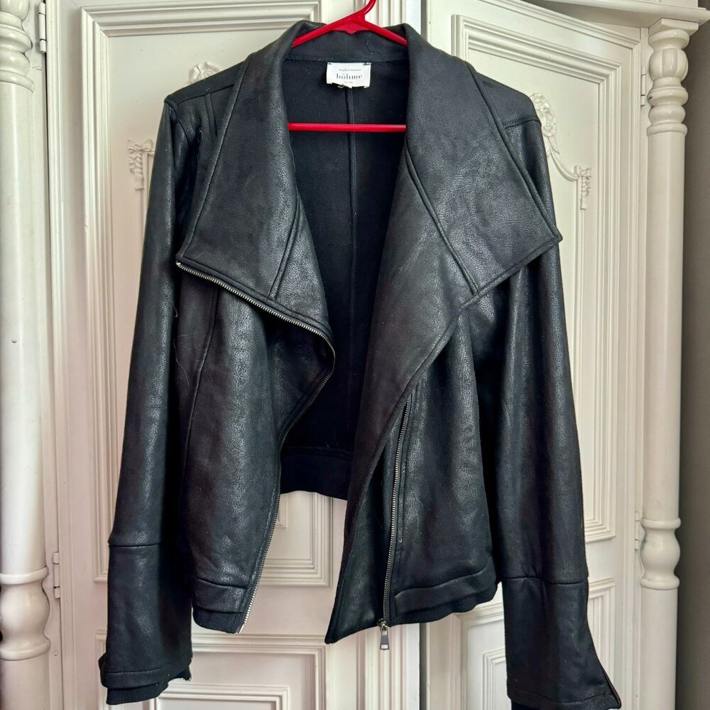 bohme black faux leather moto jacket w/ sleeve zippers, women size large